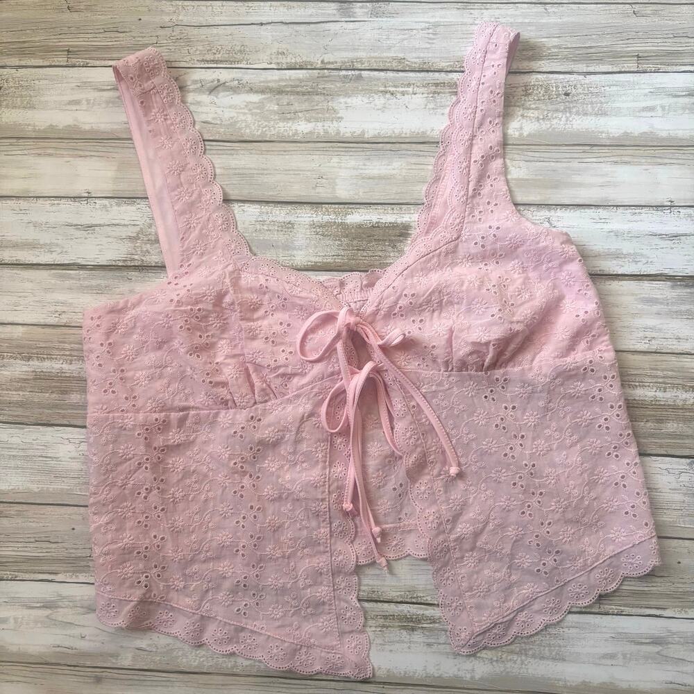 Aeropostale Eyelet Tie Front Flyaway Tank Top Shirt Lg Pink Lace Floral Coquette - Picture 10 of 10
